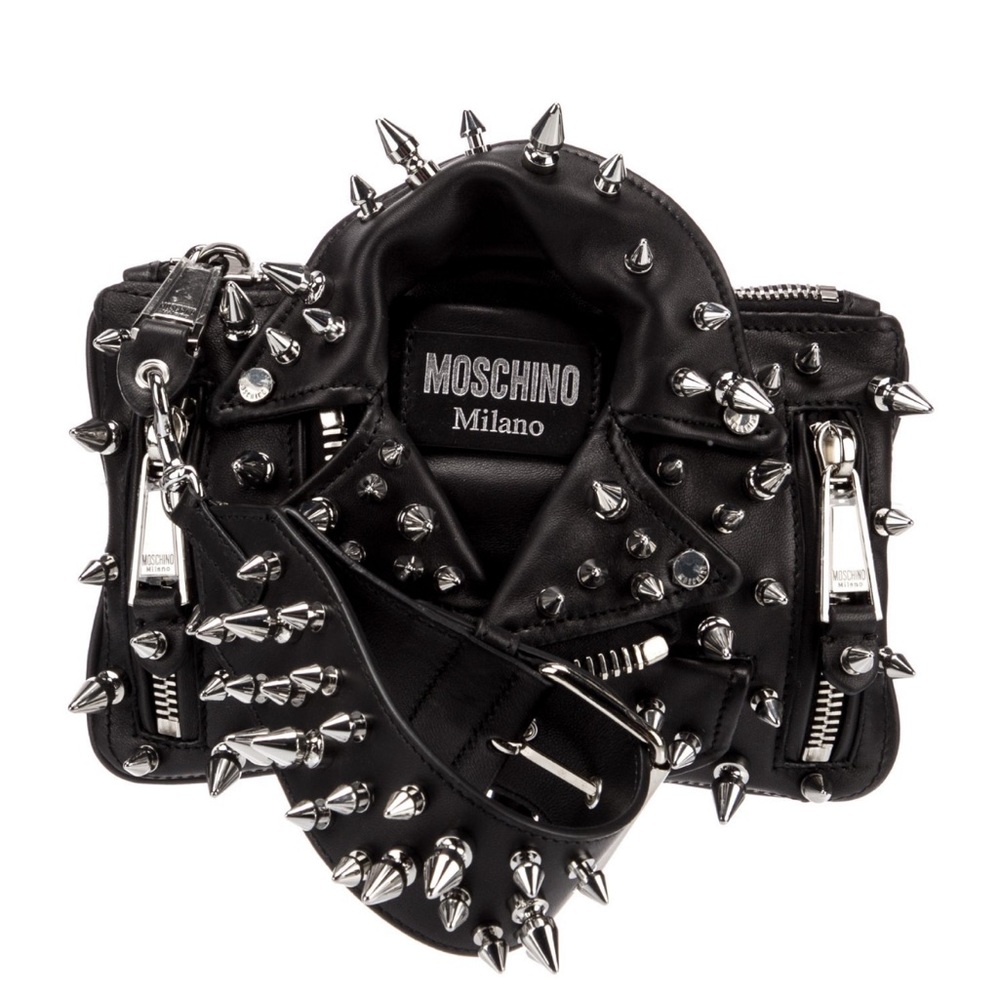 MOSCHINO BLACK BIKER JACKET WRISTLET SPIKES CLUTCH NWT